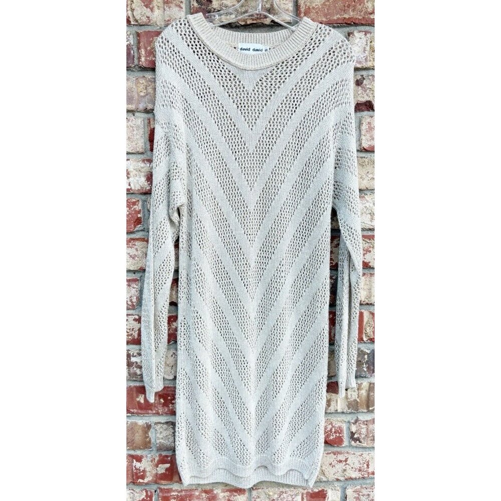 VTG David David Small Open Knit Sweater Dress Chevron USA Tan Neutral EUC
